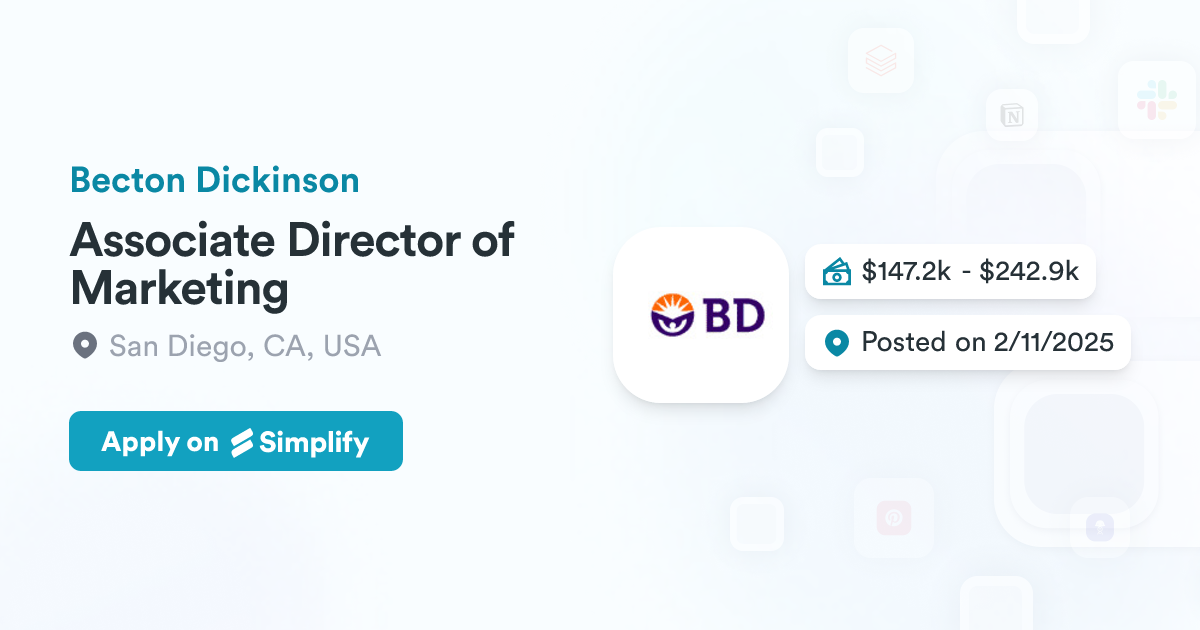 Mkt Associate Director Associate Director of Marketing @ Becton Dickinson | Simplify Jobs