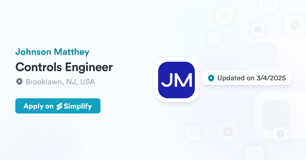 Controls Engineer @ Johnson Matthey | Simplify Jobs