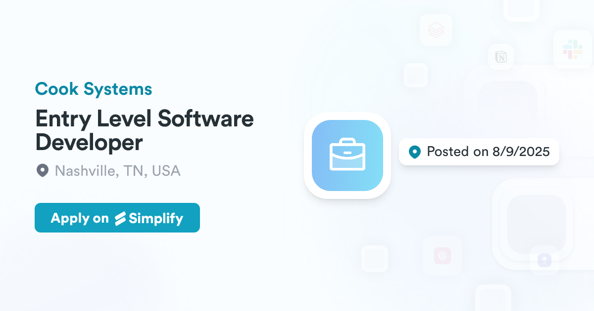 Menu Level In Software Entry Level Software Developer @ Cook Systems | Simplify Jobs