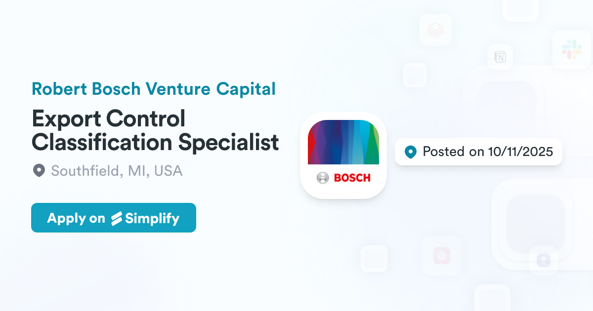 Export Control Classification Software Export Control Classification Specialist @ Robert Bosch Venture Capital ...