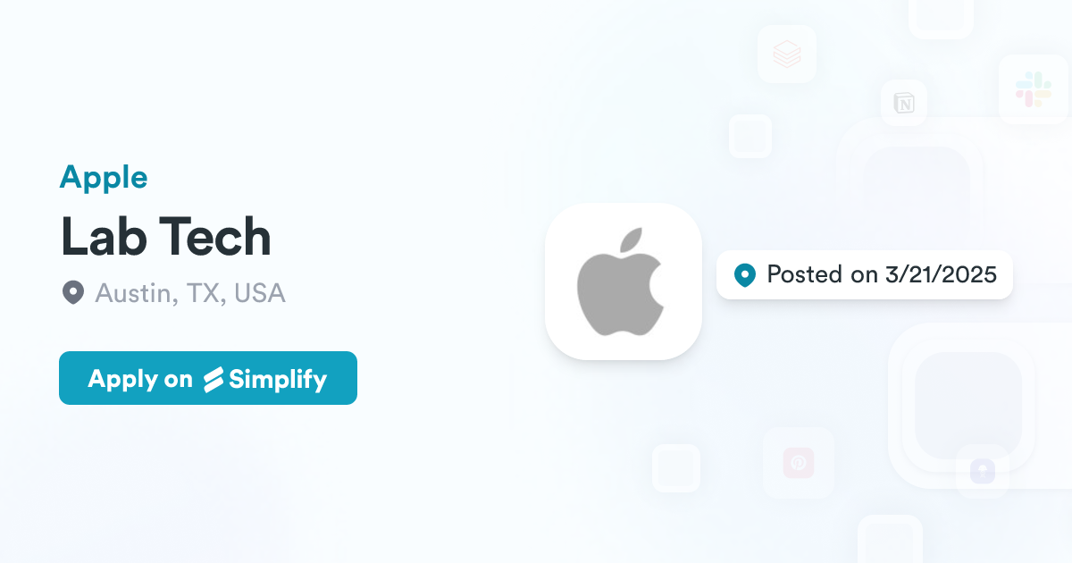 Apple. Tech Lab Lab Tech @ Apple | Simplify Jobs