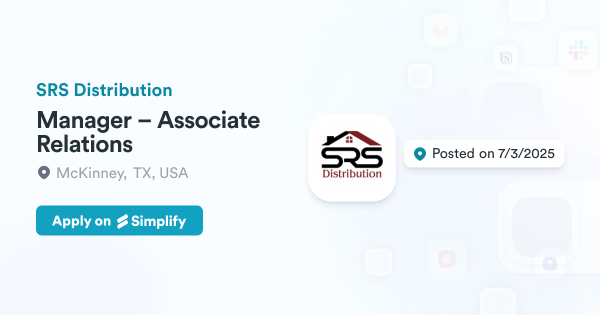 Manager – Associate Relations @ SRS Distribution | Simplify Jobs
