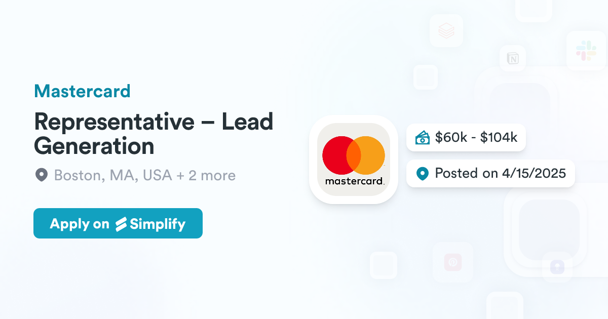 Mastercard Generation Representative – Lead Generation @ Mastercard | Simplify Jobs