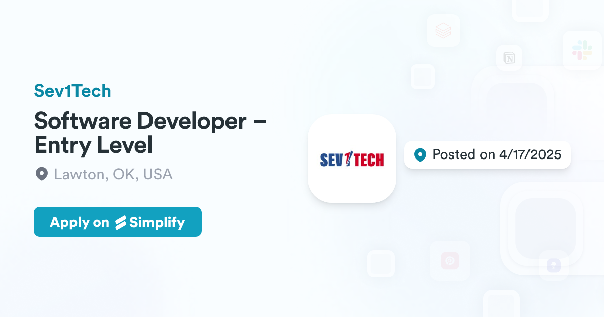Level One Intro Software Developer Software Developer – Entry Level @ Sev1Tech | Simplify Jobs