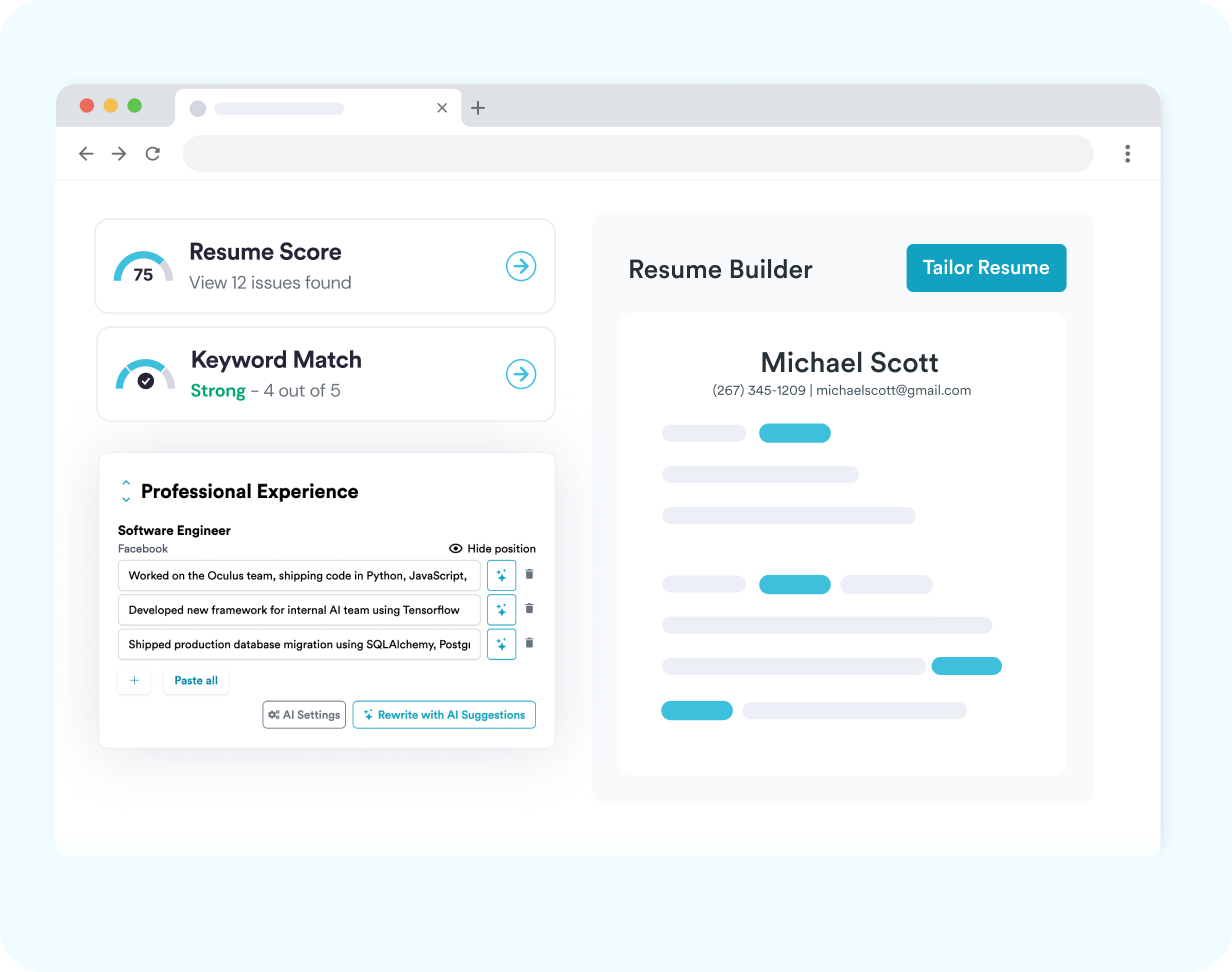 Simplify AI Resume Builder editing a resume with a score, keyword match, and job-specific suggestions