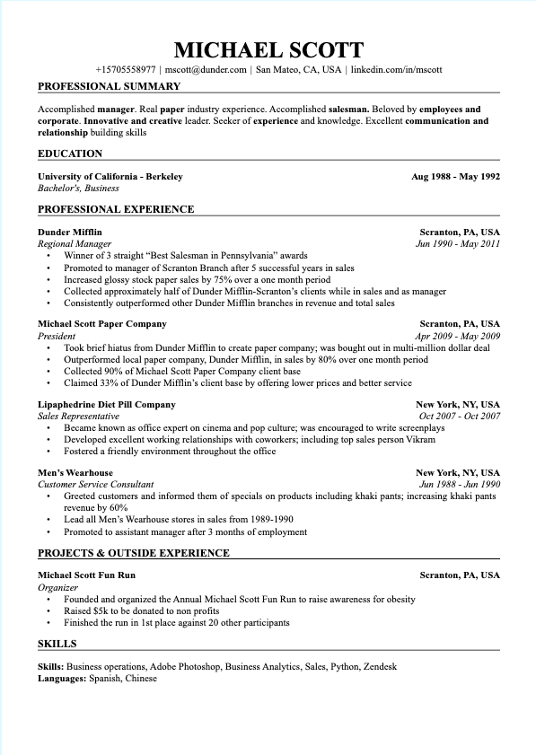 Classic resume template preview